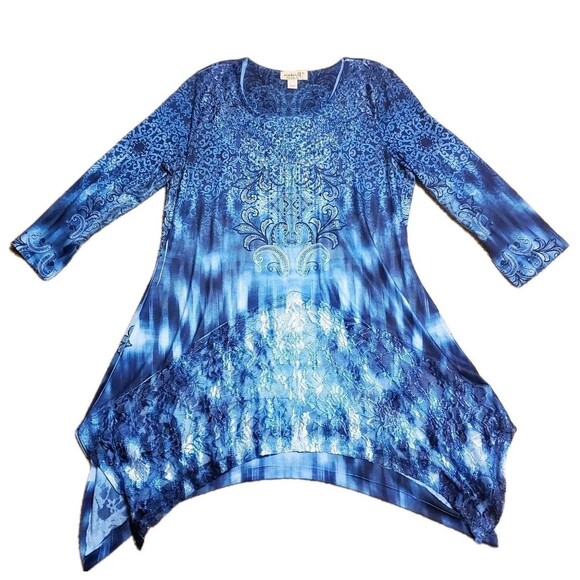 One World Womens Sz Medium Tunic Live & Let Live Shark Bit Rhinestones Lace - Picture 1 of 10